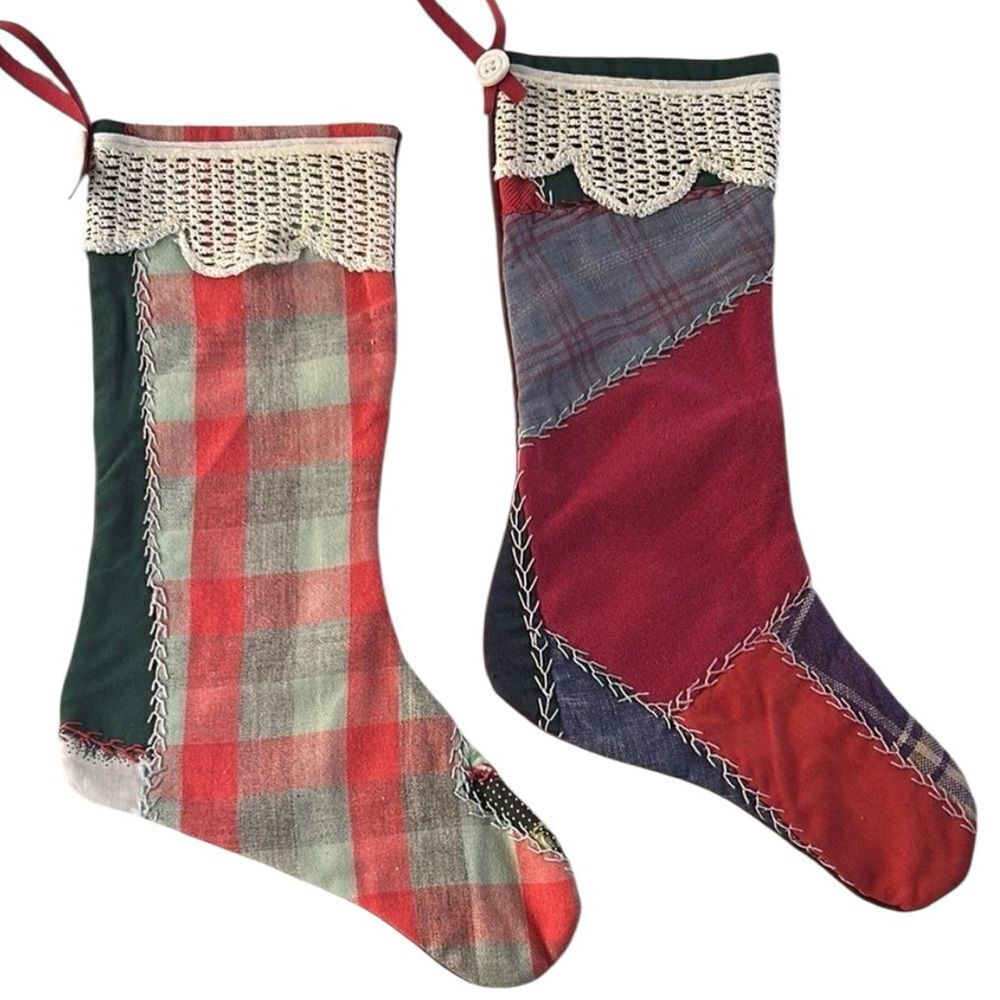 Two vintage handmade embroidered patchwork Christmas stockings